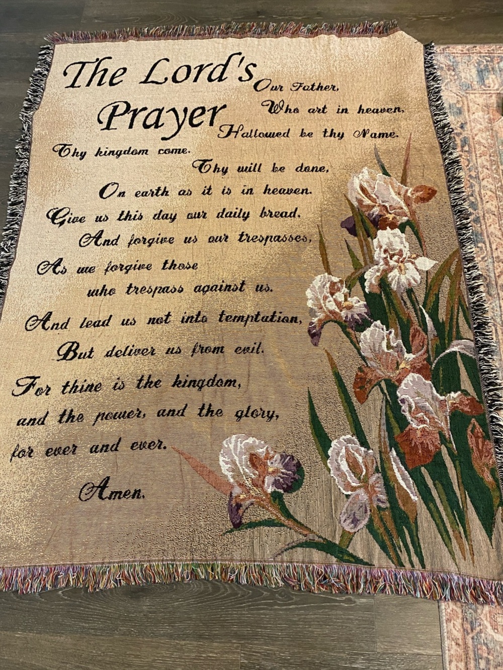 The Lord's Prayer Woven Tapestry Throw Blanket - Beige with Floral Design